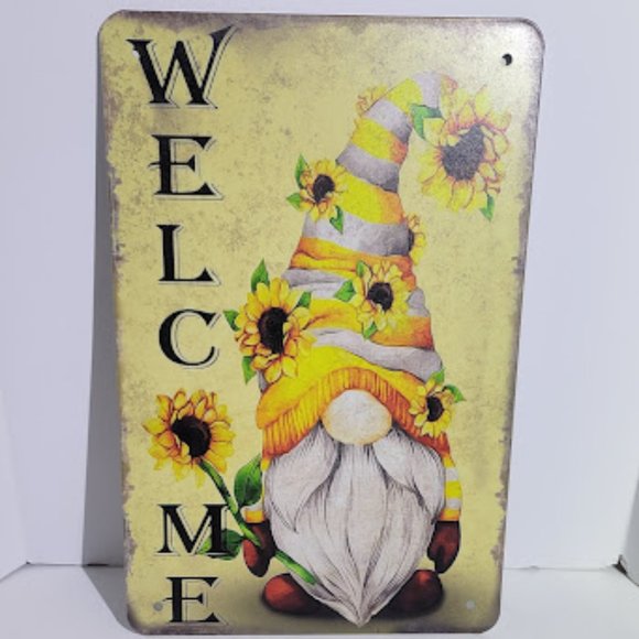 TIN WELCOME SIGN WITH GNOME, SUNFLOWERS & BUTTERFLIES 7.5" X 11.5" - Picture 1 of 4